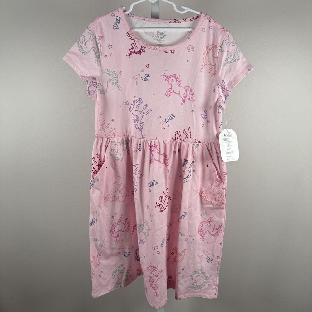 Girls Dress Short Sleeve Size 10/12 Plus, Pink Unicorn Play School Stars Hearts
